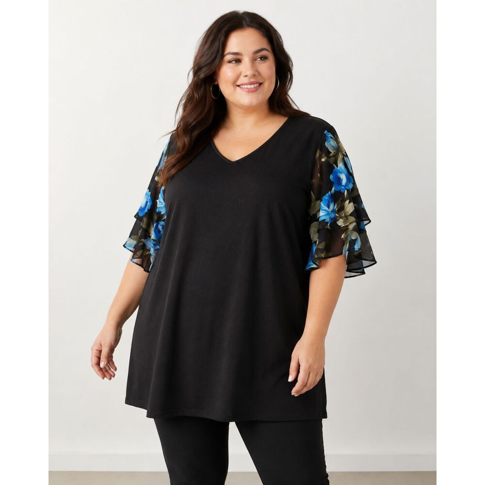 NWT BloomChic US 22-24 Black Blue Floral Bell Sleeve Tunic Top Plus Size